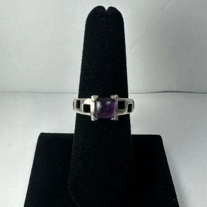 Stunning geometric amethyst ring in sterling silver with purple stone