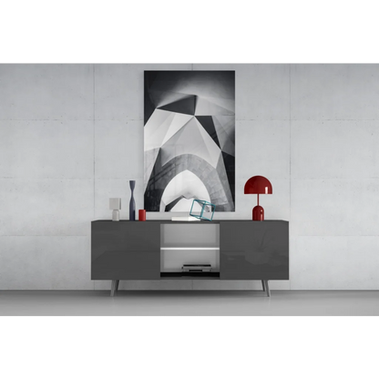 Modern gray sideboard with sleek silver accents and minimalist wall art