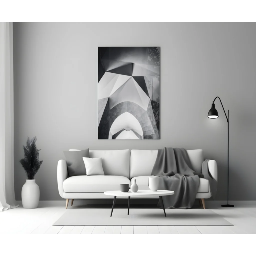 White modern sofa with geometric wall art throw blanket