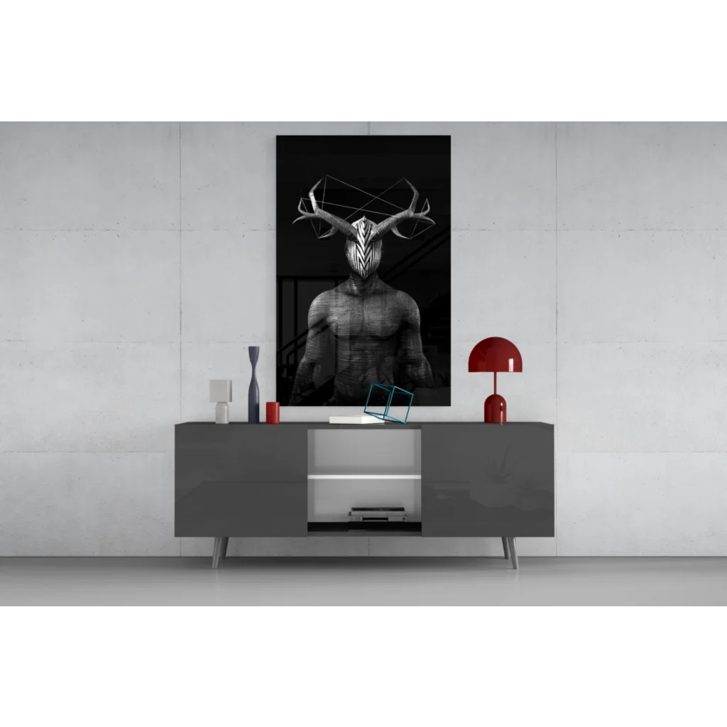 Stunning black and white geometric deer glass wall art print