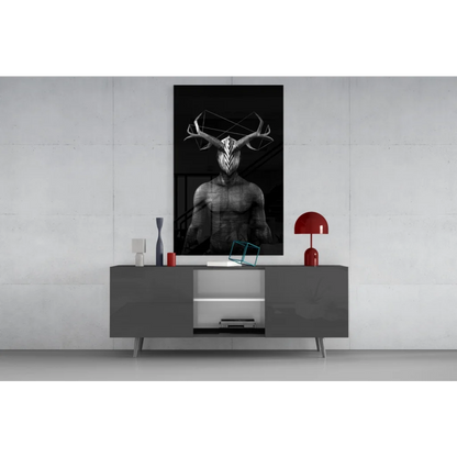 Stunning black and white geometric deer glass wall art print