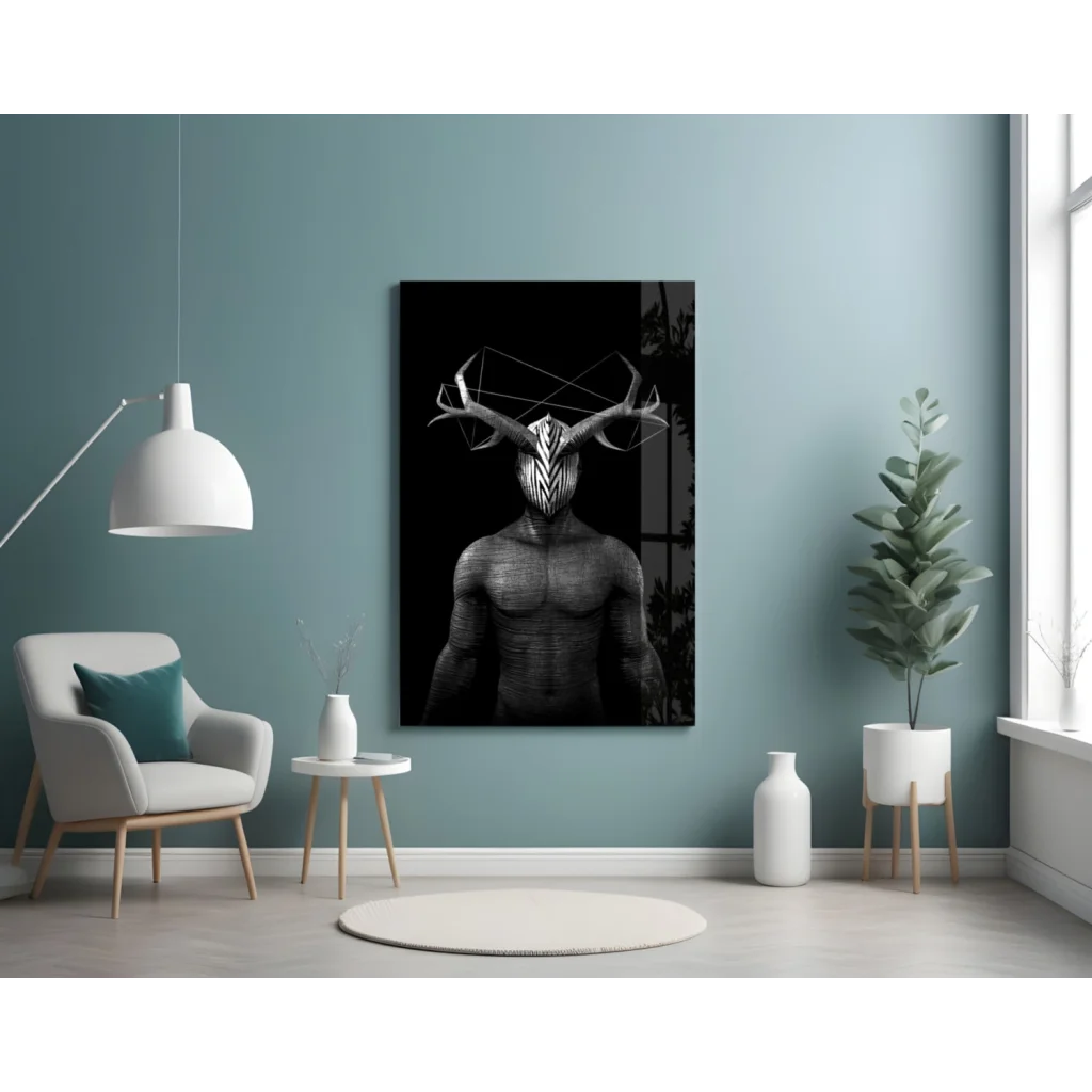 Bold black and white geometric deer glass wall art print