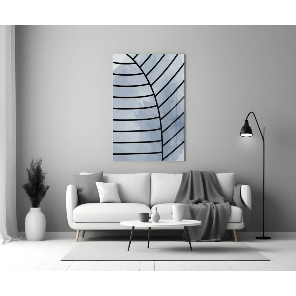 Stunning geometric glass wall art with bold blue abstract black and white lines
