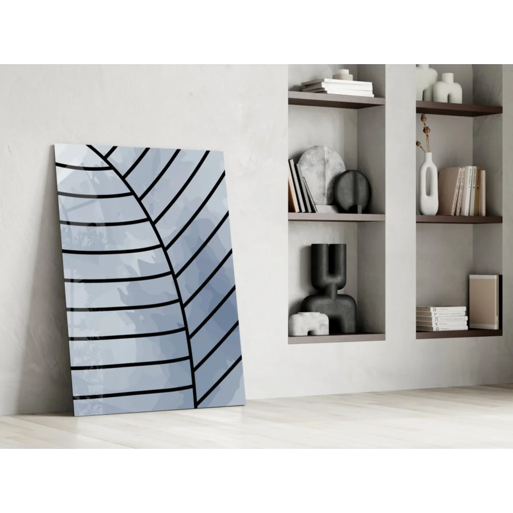 Stunning blue and white geometric glass wall art with black lines