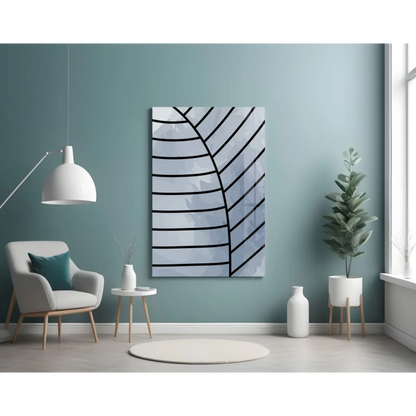 Modern black and white striped glass wall art on teal background