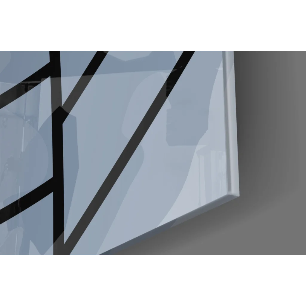 Black geometric glass wall art in blue abstract design