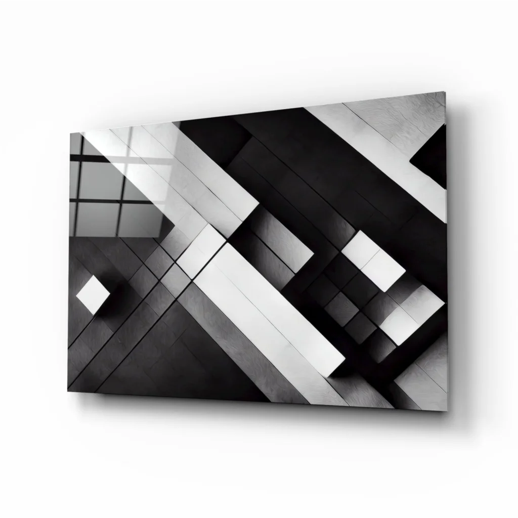 Black and white geometric glass wall art with metallic shine