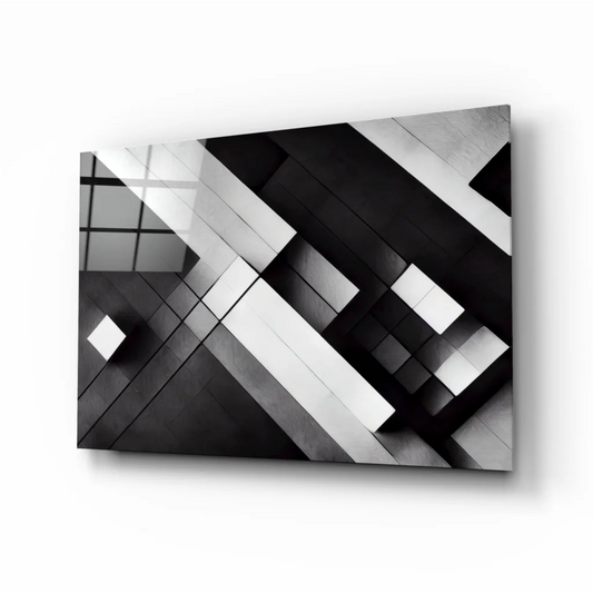 Black and white geometric glass wall art with metallic shine