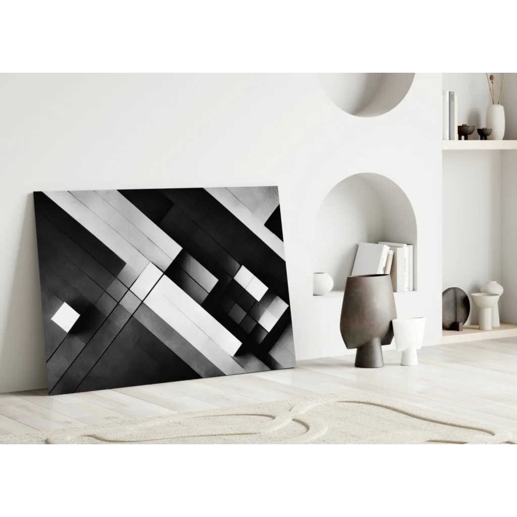 Stunning black and white geometric glass wall art with metallic shine