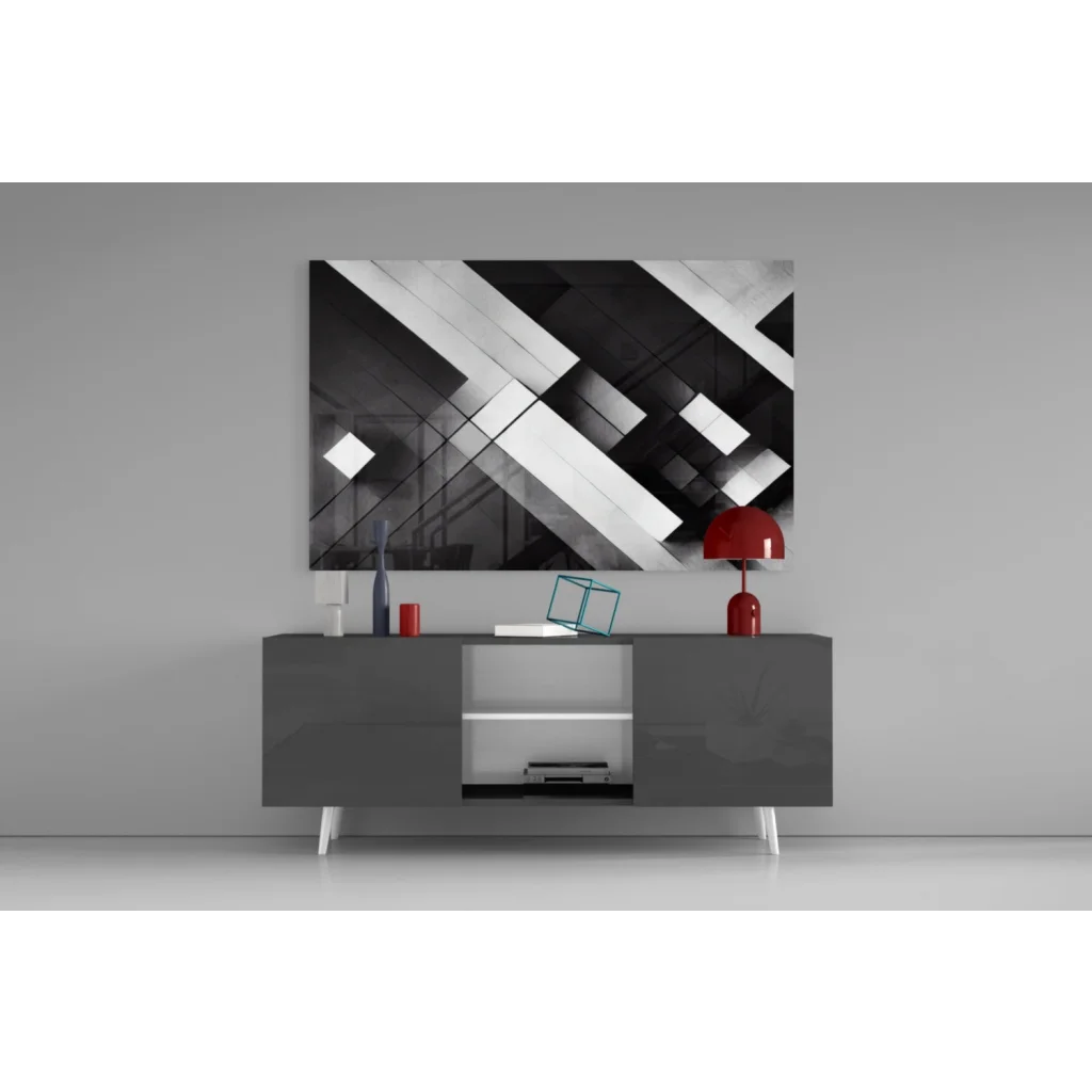 Modern black and white geometric glass wall art with red accents