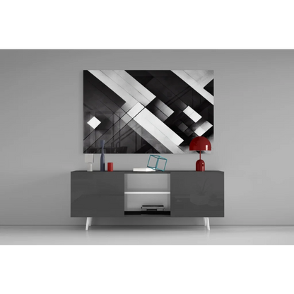 Modern black and white geometric glass wall art with red accents