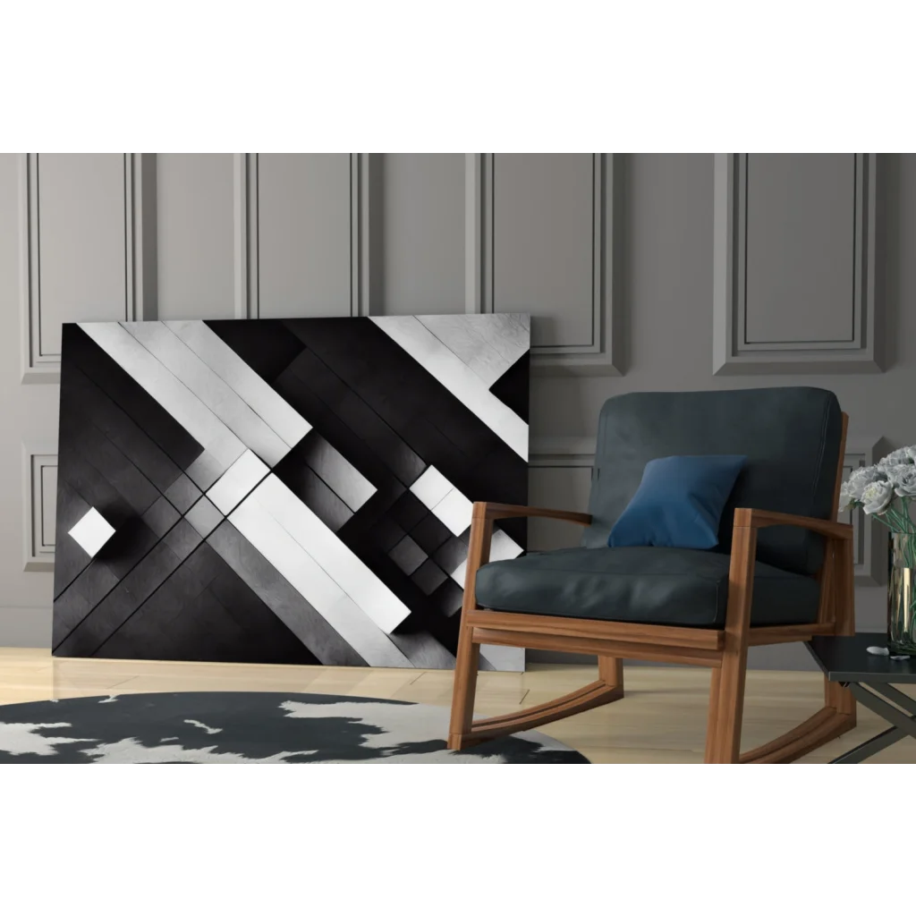Stunning black and white geometric glass wall art with metallic shine