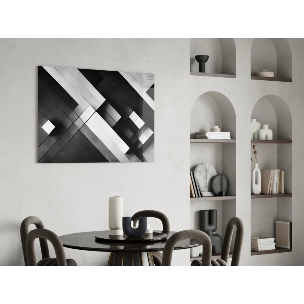 Black and white geometric glass wall art with metallic shine on dining wall