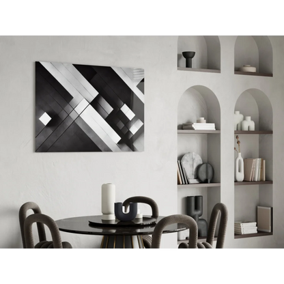 Black and white geometric glass wall art with metallic shine on dining wall