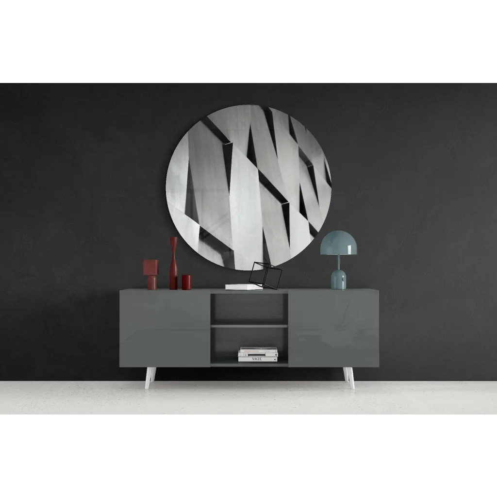 Modern gray sideboard with white legs, red accents, and tempered glass art