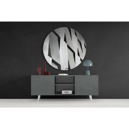 Modern gray sideboard with white legs, red accents, and tempered glass art
