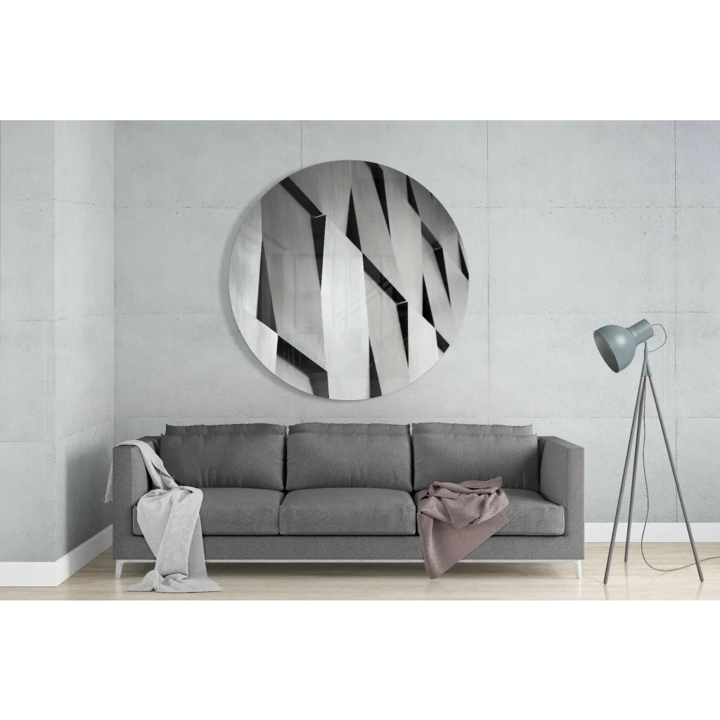 Round black and white tempered glass art mirror with geometric lines