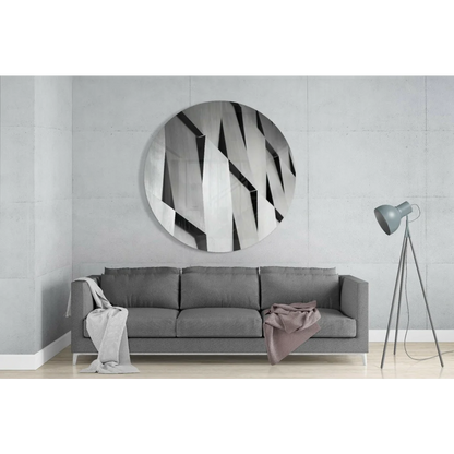 Round black and white tempered glass art mirror with geometric lines