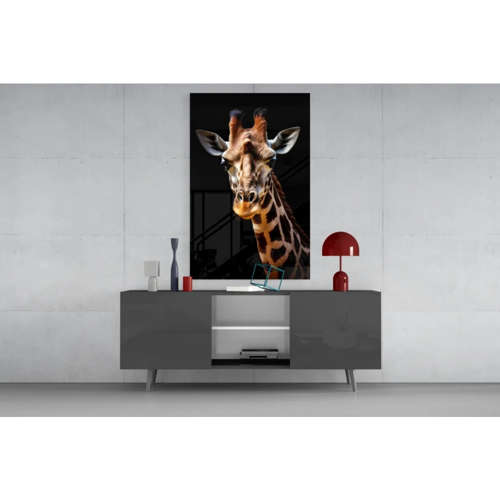 Black and white giraffe head glass wall art portrait