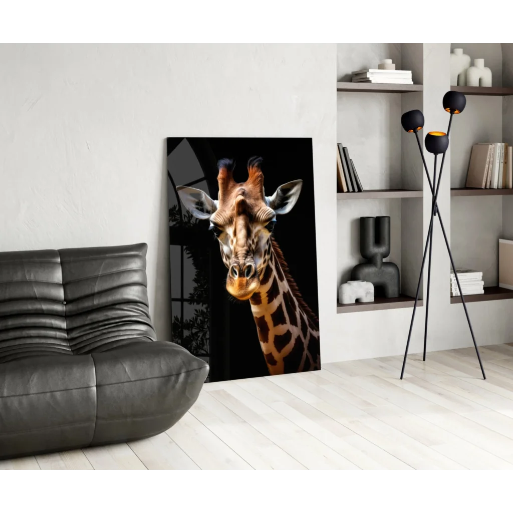 Stunning black-and-white giraffe glass wall art portrait close-up