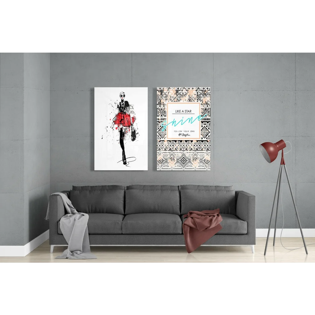 Gray sofa with red throw and stunning glass wall art