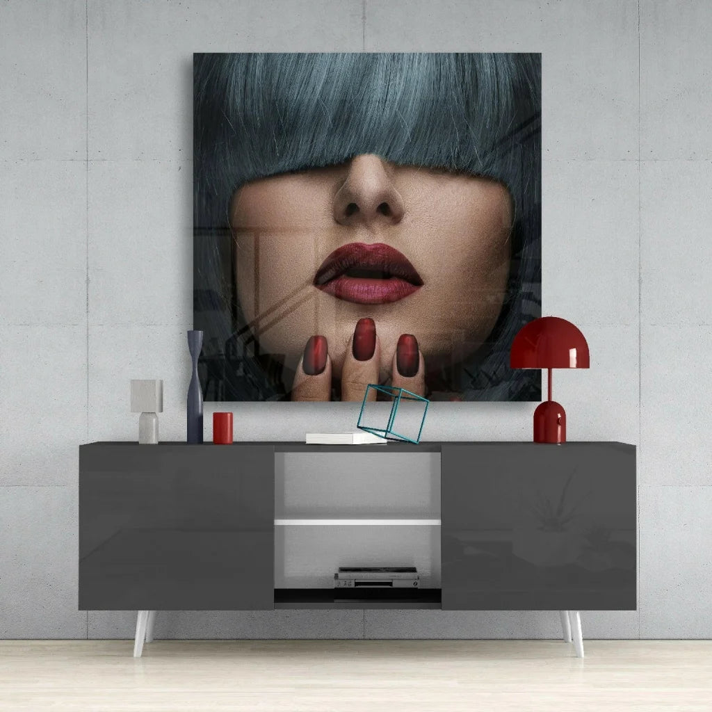 Stunning glass wall art with bold beauty makeup design