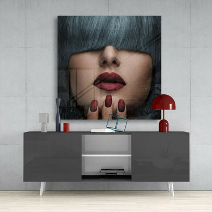 Stunning glass wall art with bold beauty makeup design