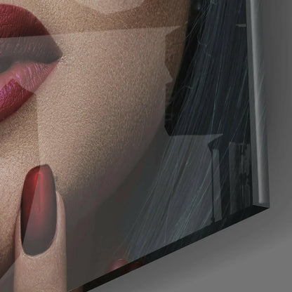 Glossy red nail polish with black matte design on stunning glass wall art
