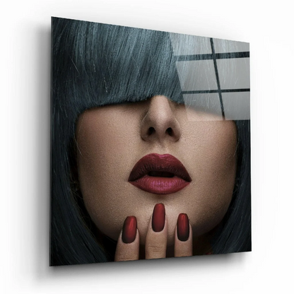 Stunning glass wall art of blue hair clip with red accents and matte finish