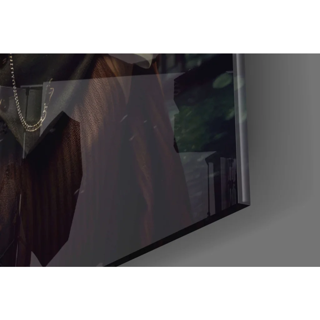 Leather jacket with silver chain in stunning glass wall art