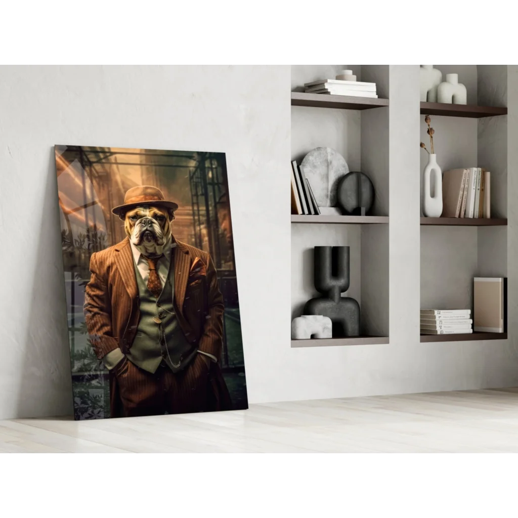 Vintage bulldog in formal attire on stunning glass wall art