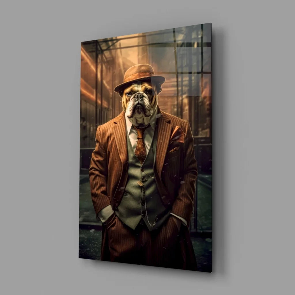 Man in brown leather jacket, tan hat, tie before elevator glass wall art