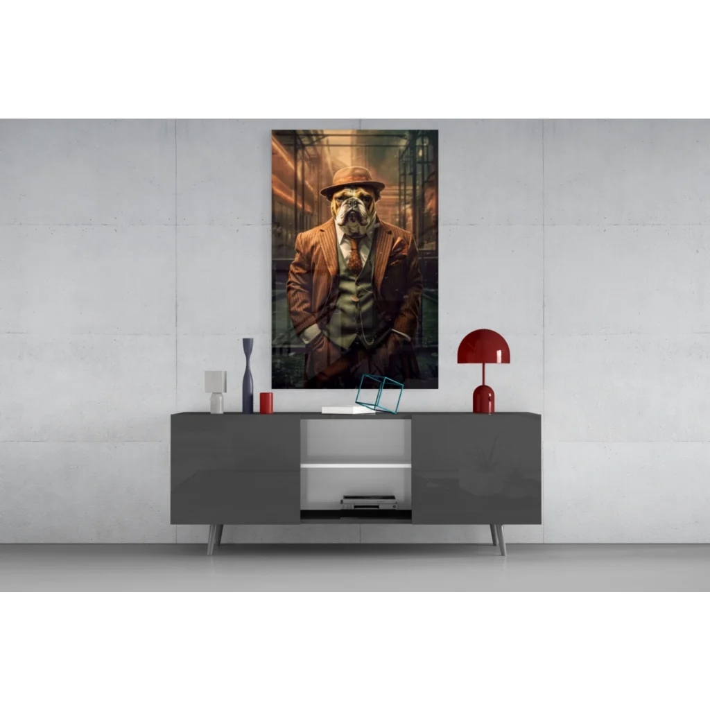 Modern gray sideboard with sleek legs in stunning glass wall art design