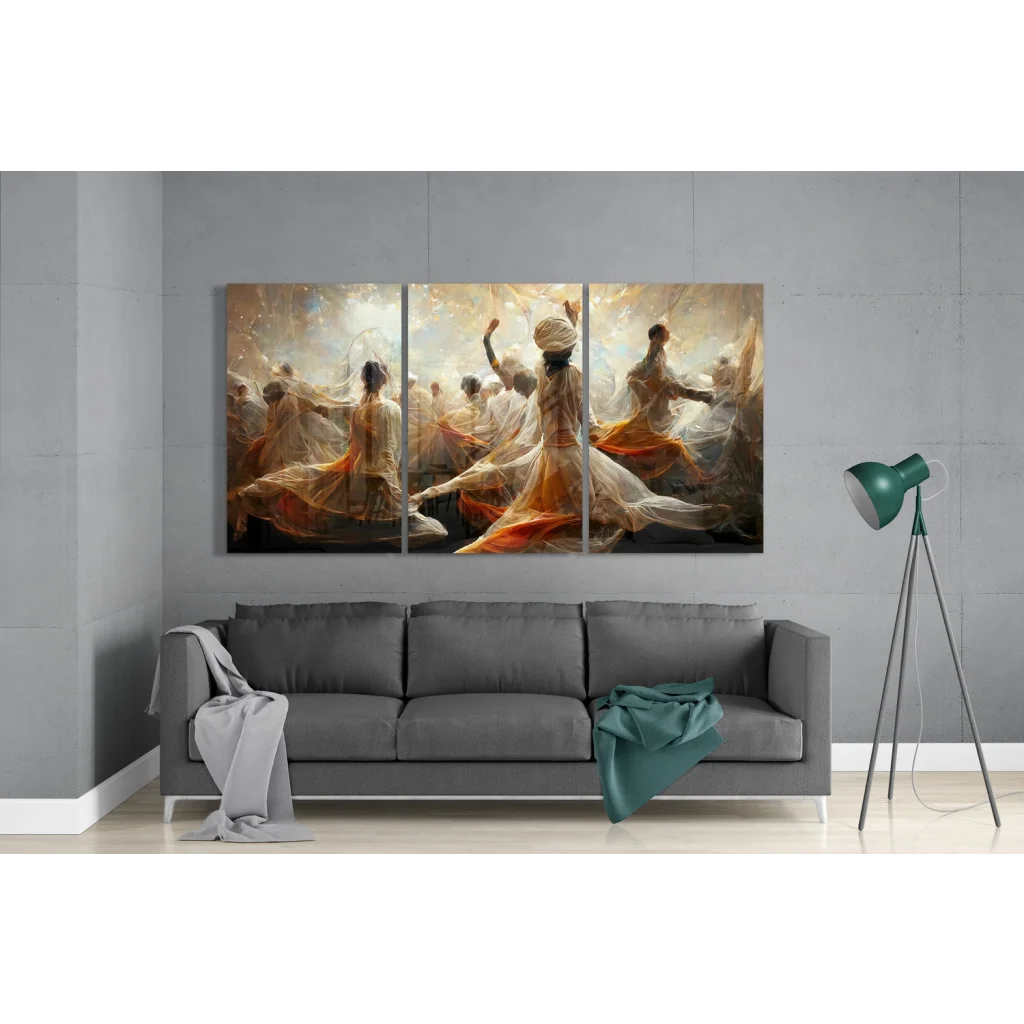 Stunning glass wall art triptych of dancers in orange white garments