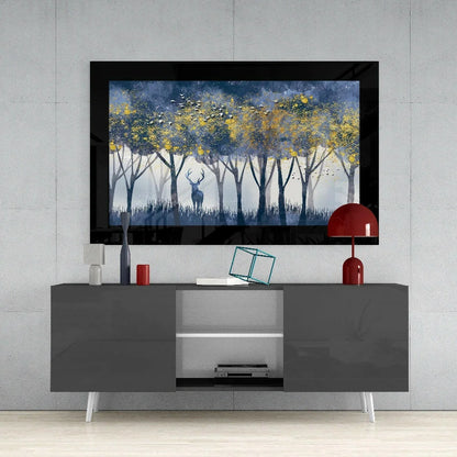 Stunning black and gold deer glass wall art with glossy gray stand