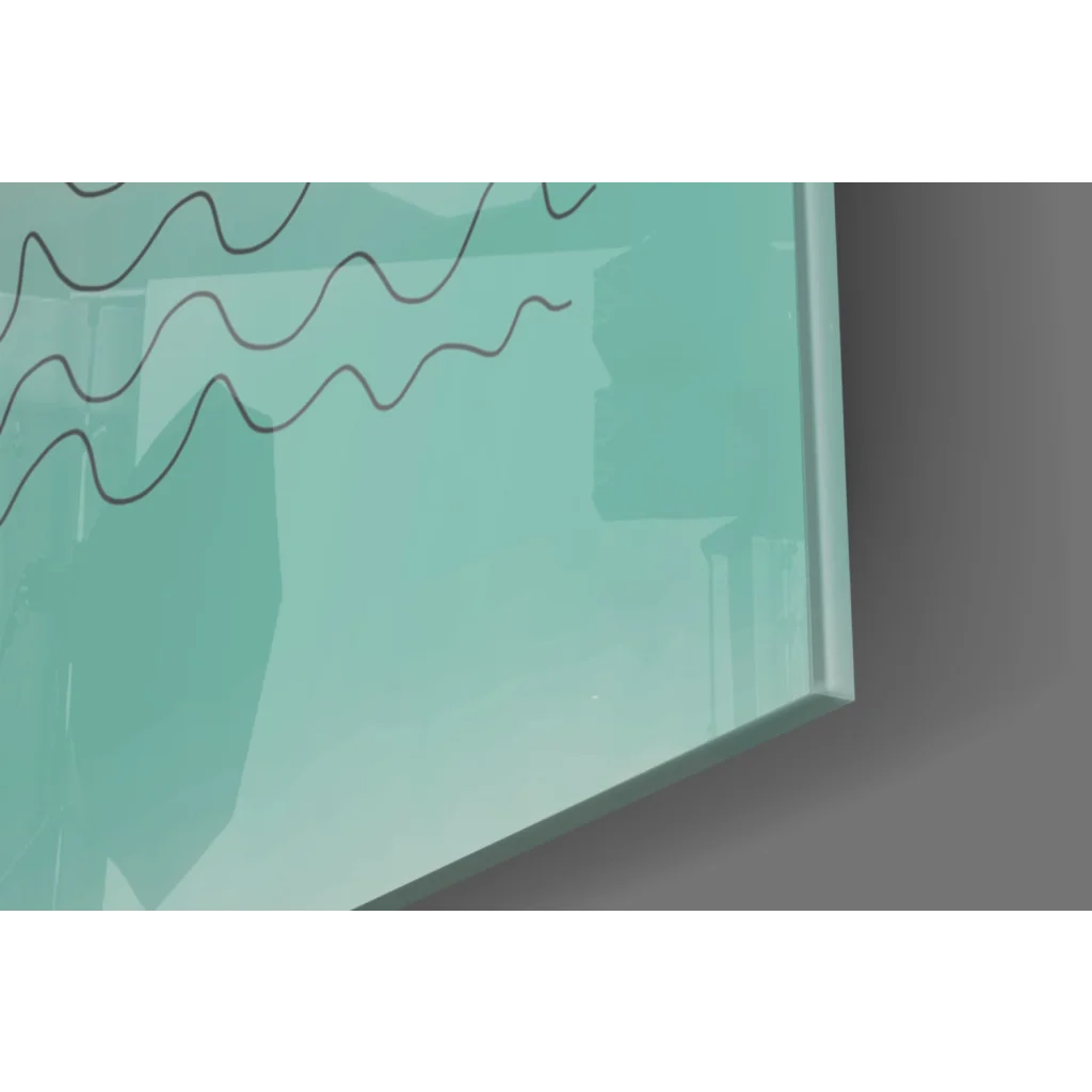 Sleek translucent teal glass wall art with wavy black lines