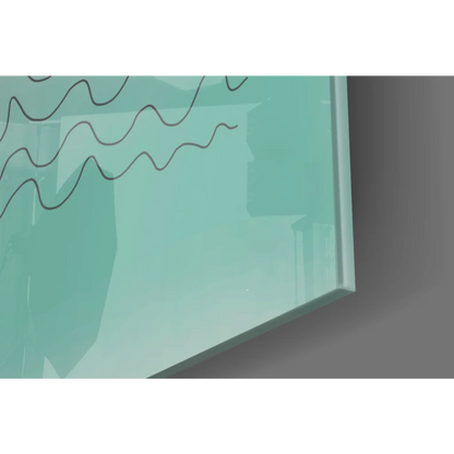 Sleek translucent teal glass wall art with wavy black lines