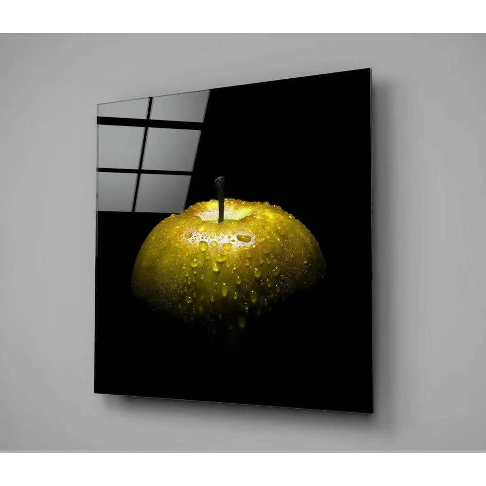 Glossy yellow apple with water drops on glass wall art