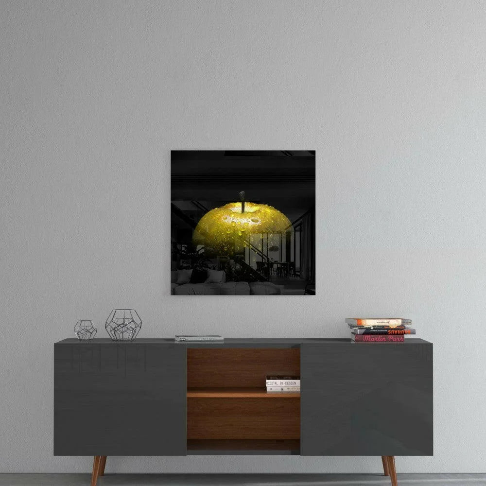 Yellow umbrella glass wall art in black frame with glossy apples