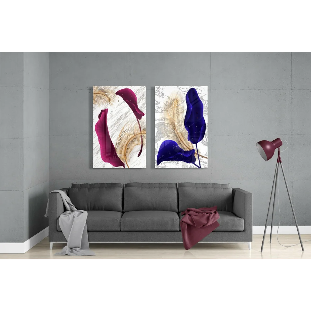 Stunning glass wall art with gold accents, marble design and abstract purple, gold, blue shapes