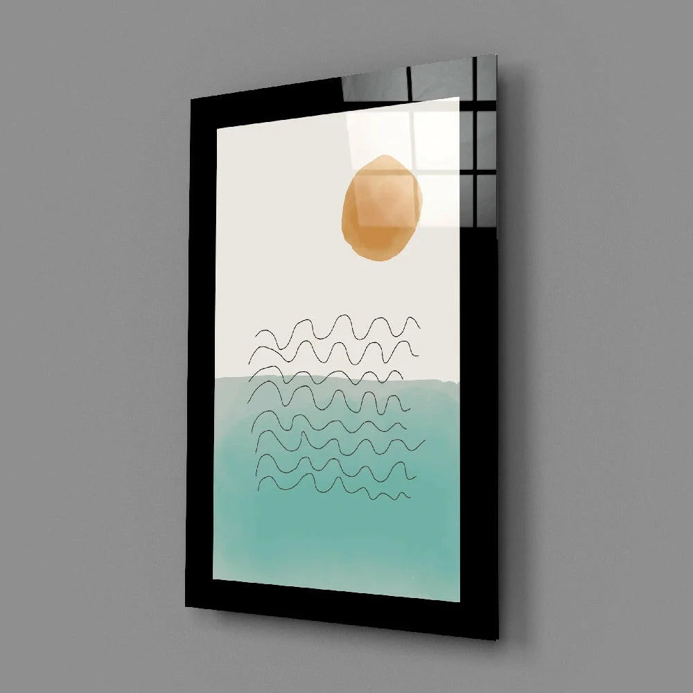 Stunning black framed glass wall art with gold sun and teal waves