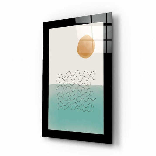Gold sun glass wall art with black frame and teal waves