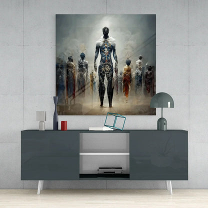 Modern black and white glass wall art mirror with floral mannequin design