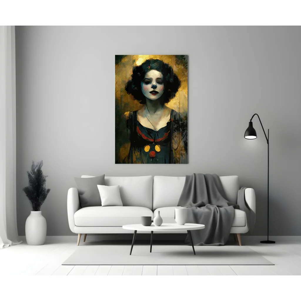 Black and gold framed glass wall art portrait of curly-haired woman in dark dress with bold red lips