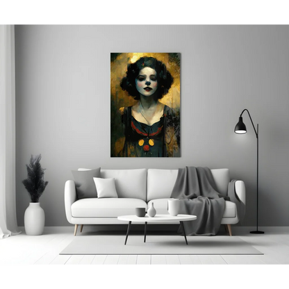 Black and gold framed glass wall art portrait of curly-haired woman in dark dress with bold red lips