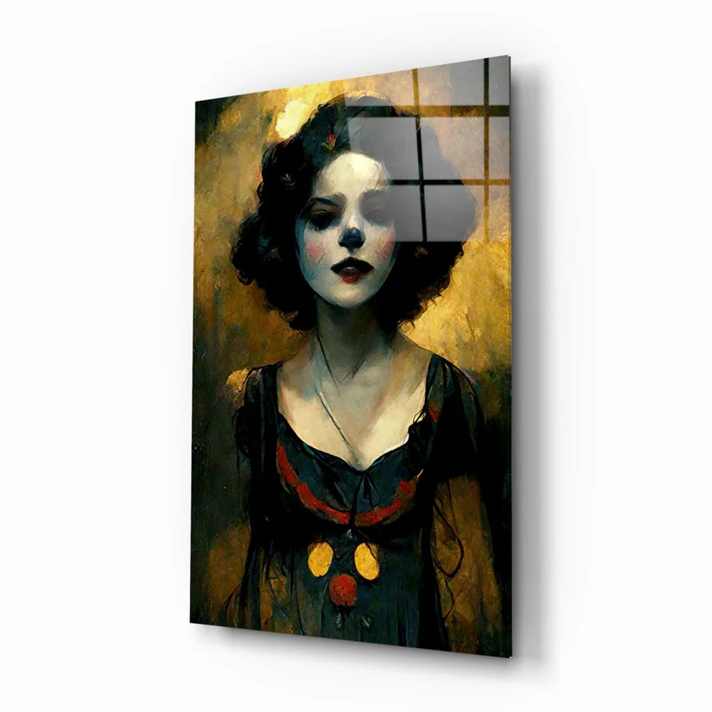 Black and white glass wall art portrait of woman with bold red lips