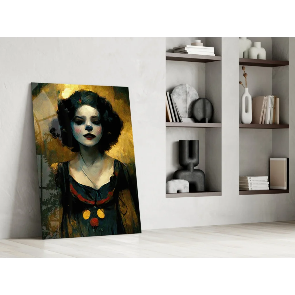 20x30 inch glass wall art canvas print of dark-haired woman with bold red lips