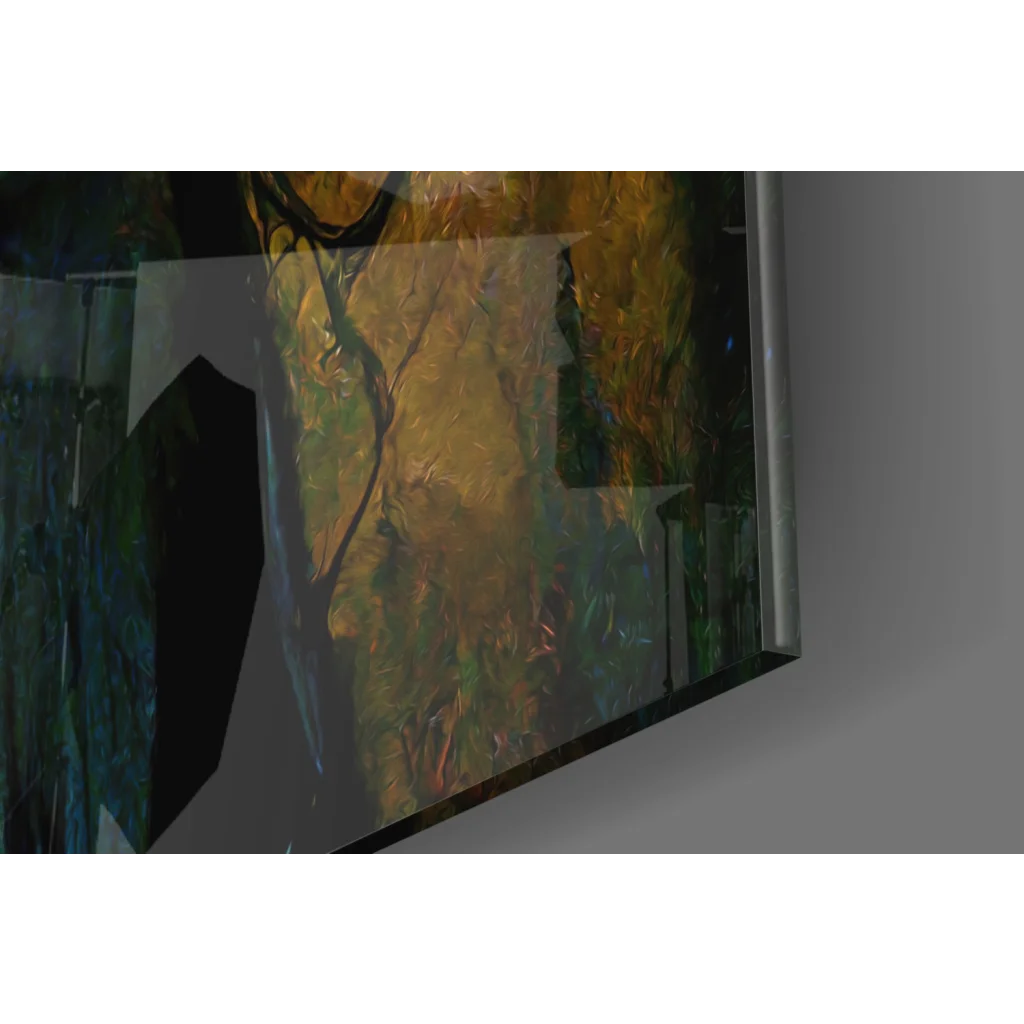 Gold and green abstract glass wall art with bold red lips