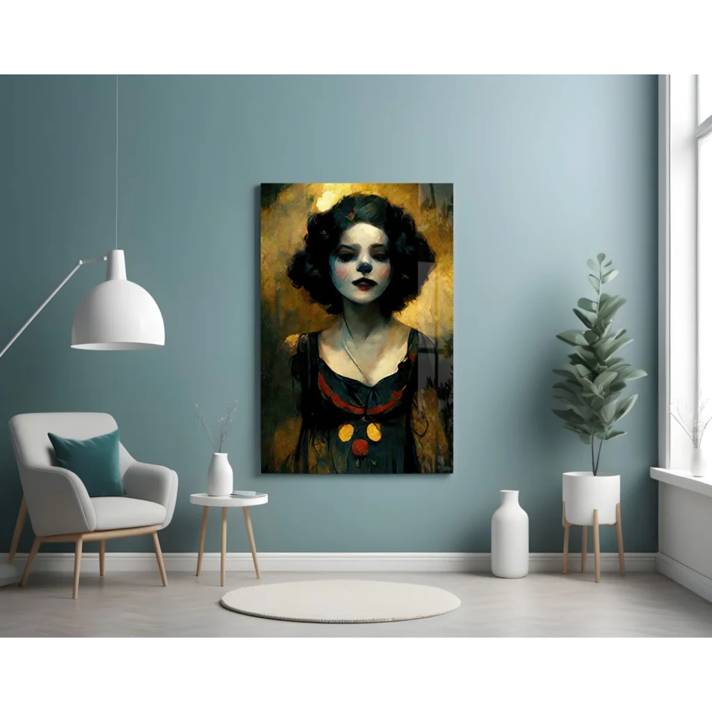 20x30 inch glass wall art canvas print of woman with dark hair and bold red lips