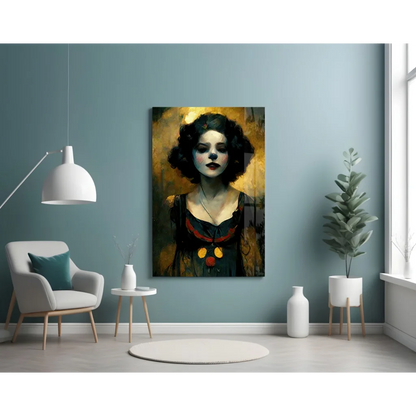 20x30 inch glass wall art canvas print of woman with dark hair and bold red lips